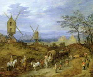 Paisaje con viajeros cerca de molinos de viento